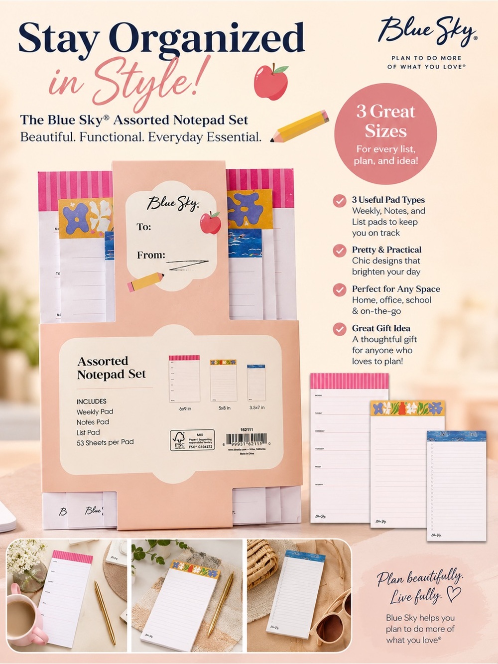 Blue Sky Pink Assorted Notepad Set - 3 Sizes